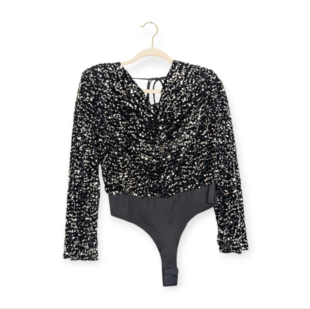 4th & Reckless Marcella Bodysuit L Black Sequined Party Night Out Glam